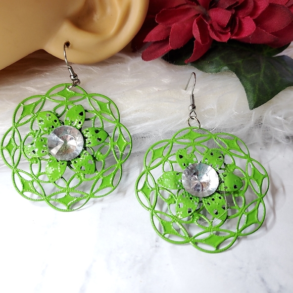 Jesi's Fashionz Jewelry - E342 Green Abstract Flower Statement Earrings